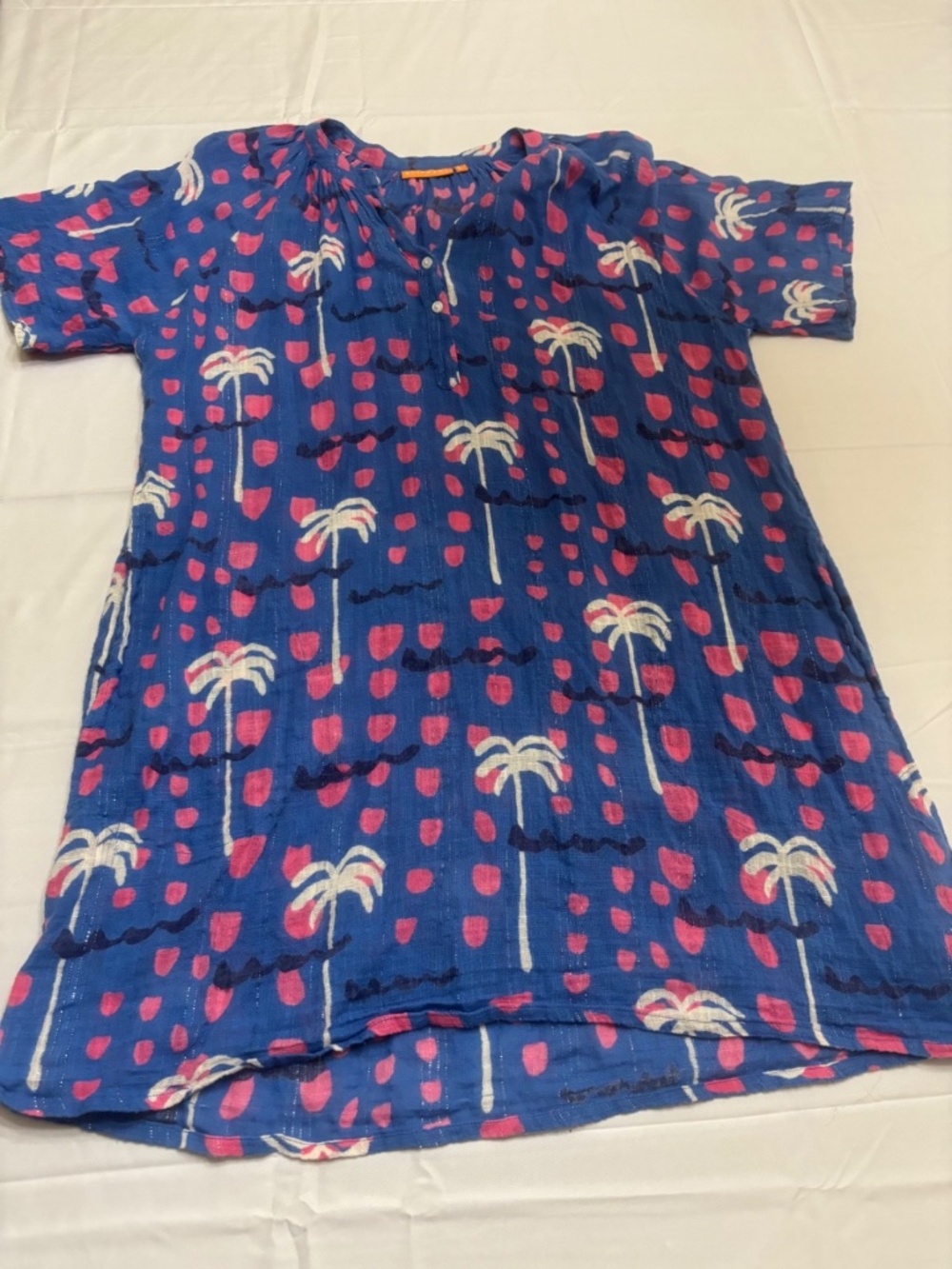 Oliphant Mini Dress Large Coastal Beach Resortwear 100% Cotton Blue/Pink